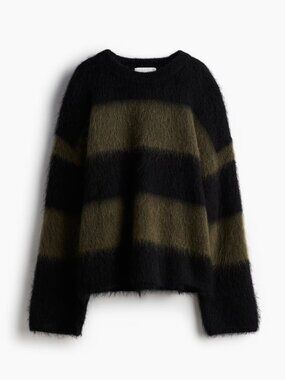 H&M Black Olive Striped Mohair Wool Knit Crew Neck Oversized Sweater, Size S